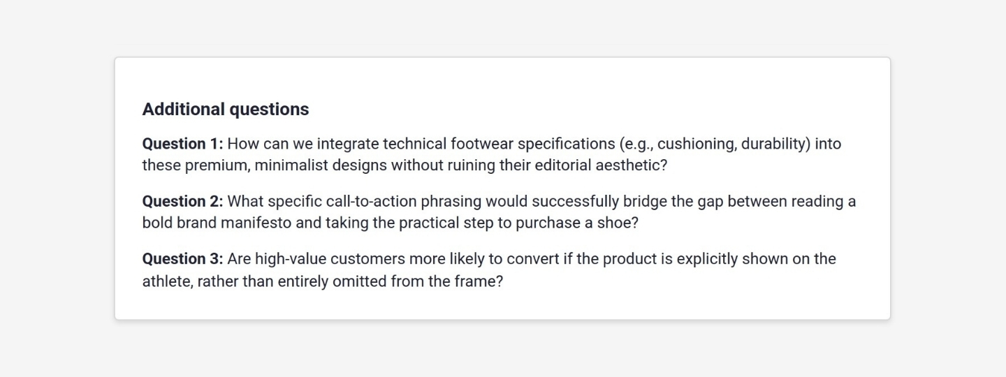 creative testing report additional questions