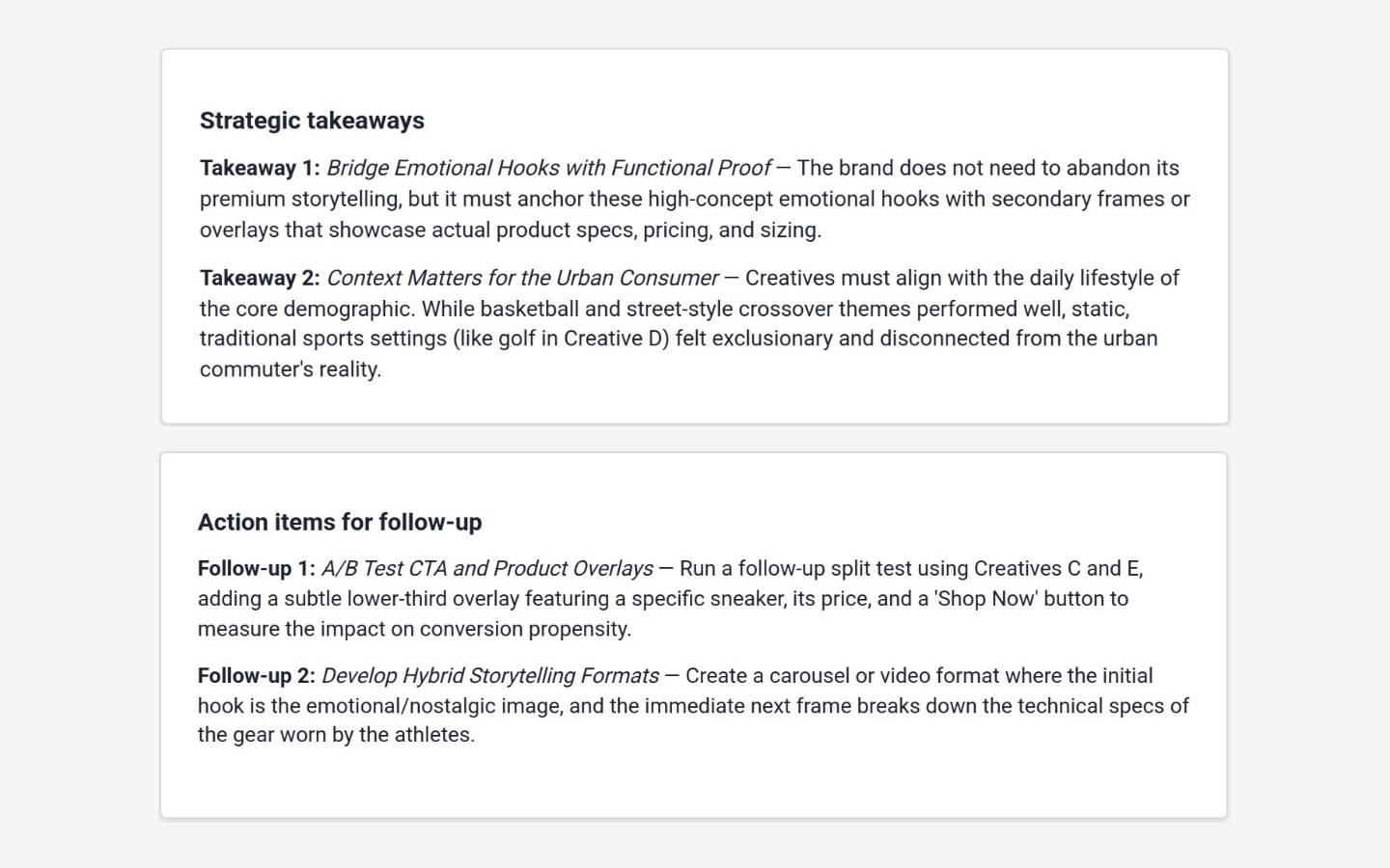 creative testing report takeaways and follow ups