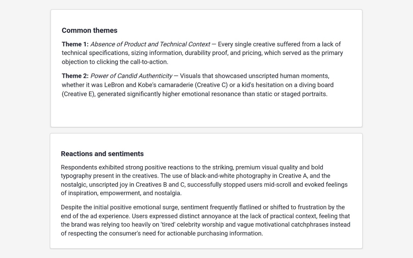 creative testing report themes and sentiments